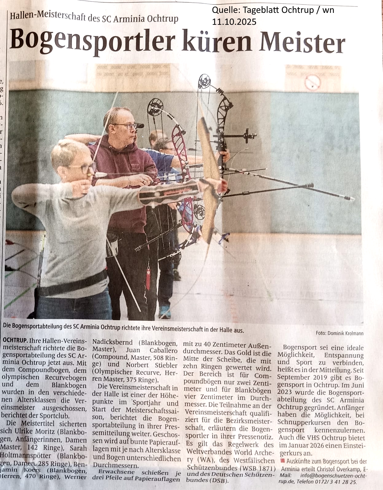 Tageblatt Ochtrup 11.12.2025 Bericht über VM mit Bild "Schützen an der Schießlinie"